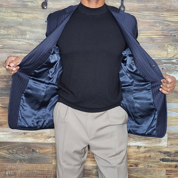 John W. Nordstrom Flextech Wool Navy Blue Striped Dual Vent Blazer Jacket 42R - Picture 7 of 11